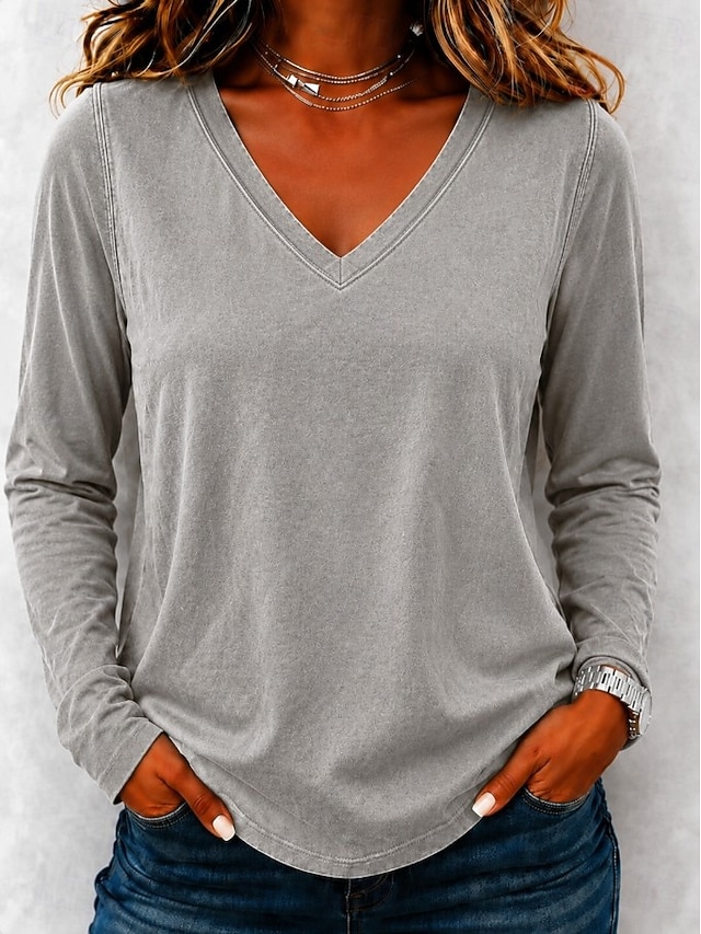 Women's Washed Cotton 100% Cotton Washed Acid Wash Vintage Washed Vintage Fashion Stylish Long Sleeve Raglan Sleeves V Neck Regular Tops Casual Beach Blue Orange Fall Winter - Orange