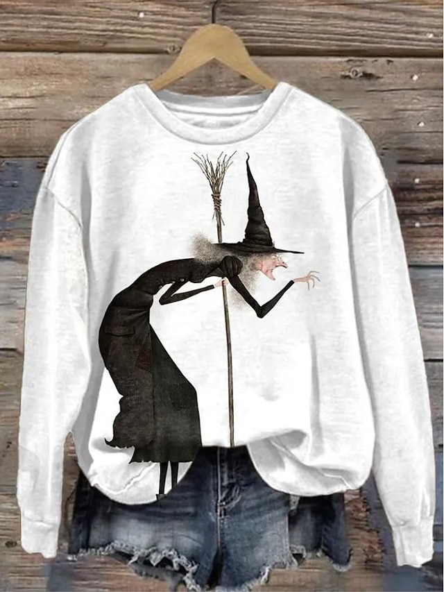 Halloween Women's Creepy Old Witch Broomstick Graphic Sweatshirt Vintage Cartoon Print Pullover Long Sleeve Crew Neck Casual Top White Fall Winter - White