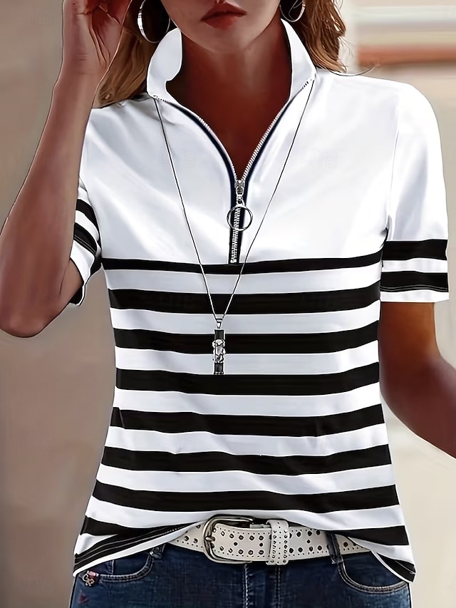 Women's T Shirt Zipper Quarter Zip Striped Graphic Geometric Color Block Vintage Tropical Hawaiian Short Sleeve High Neck Regular Tops Beach Wedding Casual Daily Blue Black Red Navy Blue Camel Summer - Black