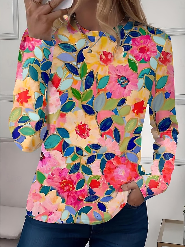 Women's T shirt Long Sleeve Crew Neck Long Sleeve Tunic Floral Casual Regular Tops Daily Print Sage Green Pink Blue Sky Blue Purple Spring Fall Prefall - Pink