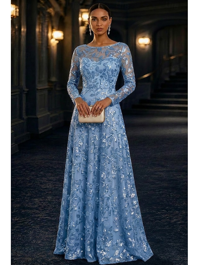 A-Line Dress Floor Length Party Dress Cocktail Dress Mother of the Bride Dress Long Sleeve Crew Neck Elegant Vintage Luxurious Formal Wedding Guest Kentucky Derby Chiffon Tulle with Pleats Sequin - sea blue
