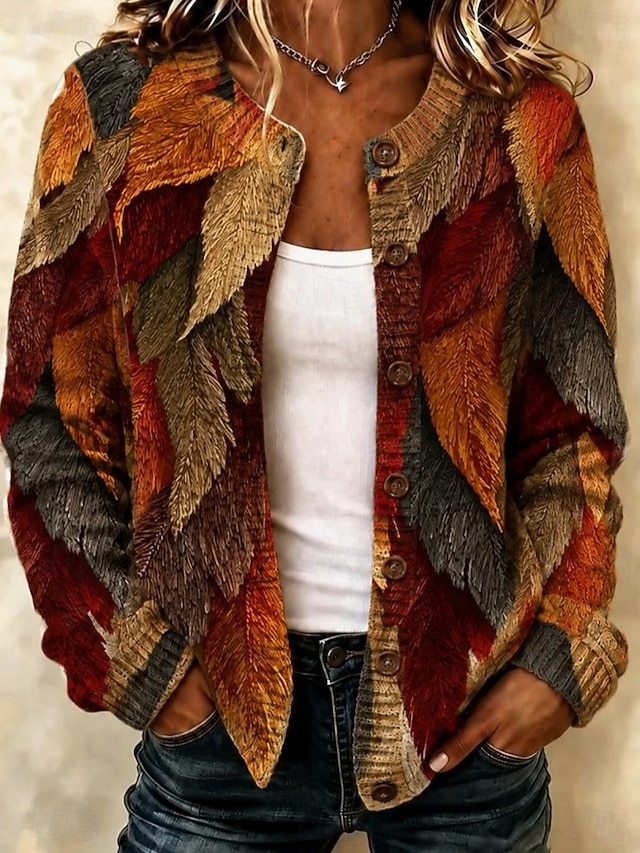 Women's Cardigan Fashion Daily Casual Graphic Pumpkin Ribbed Crew Neck Floral Buttons Print Long Sleeve Long Tops Knit Daily Outdoor Date Red Brown Light Brown Fall Winter - Brown