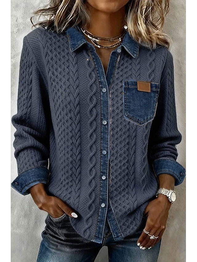 Women's Shirt Buttons Solid Color Vintage Stylish Basic Long Sleeve Shirt Collar Regular Tops Daily Blue Black Pink Khaki Summer Spring Fall - Blue