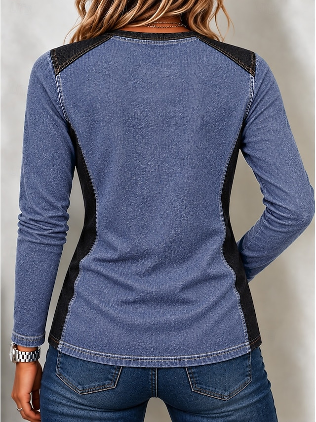 Women's Denim Blouse Denim Shirt Solid Color Bohemia Active Vacation Long Sleeve Polo Collar Regular Tops Casual Daily Holiday Khaki Teal Green Summer Spring Fall Winter - Green