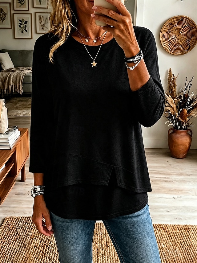 Women's 100% Cotton T Shirt Solid Color Stylish Casual 3/4 Length Sleeve Round Neck Regular Tops Casual Daily Blue White Black Pink Wine Summer Spring Fall - Black