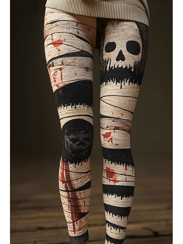 Halloween Women's Leggings Vacation Vintage Ethnic Style Full Length High Waist Graphic Skull 3D Print Quick Dry Breathability Soft Stretchy Formal Outdoor Vacation Black White Red Fall Slim Fit - White