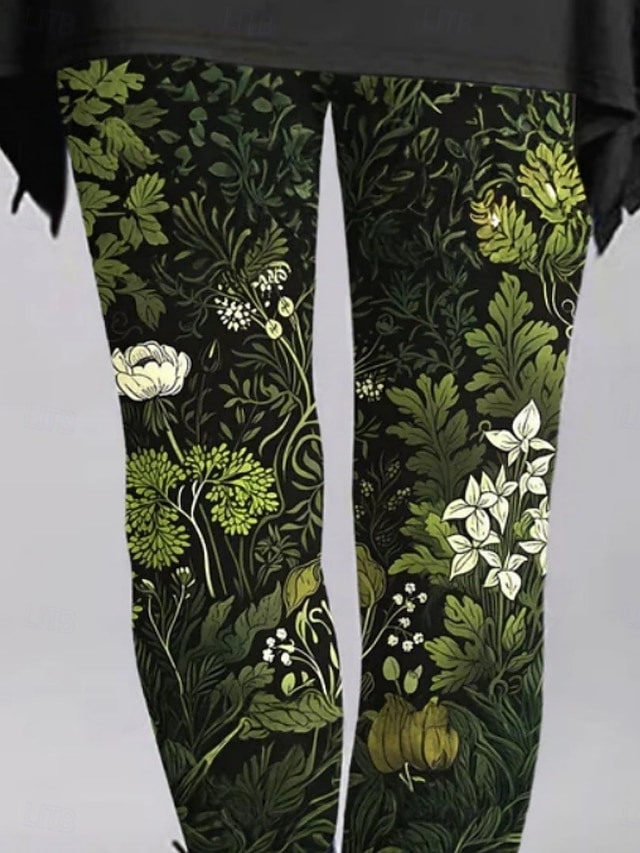 Women's Pants Trousers Leggings Cozy Leggings Streetwear Casual Full Length High Waist Floral Elastic Waist Print Breathability Comfortable Stretchy Vacation Street Daily Wear Green Summer Spring Fall - Green