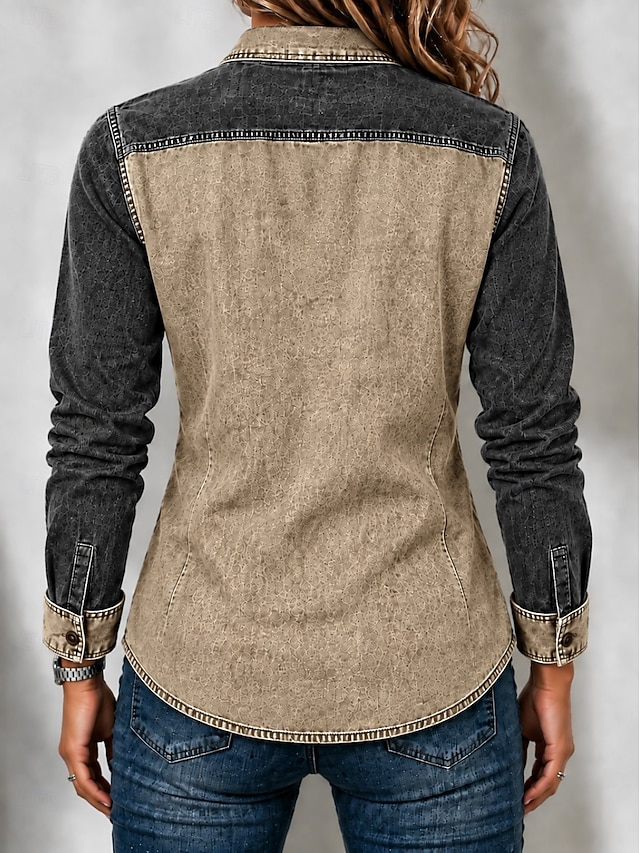 Women's Denim Blouse Denim Shirt Henley Shirt Patchwork Zipper Plain Vintage Fashion Stylish Long Sleeve Stand Collar Regular Tops Casual Blue Khaki Red Spring Fall Winter - Khaki