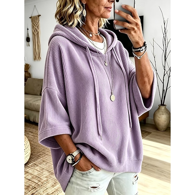 Women's Corduroy Tops Textured Warm Vintage Fashion 3/4 Length Sleeve Hooded Long Tops Casual Home Street Ash Light Purple Green Fall Winter - Light Purple