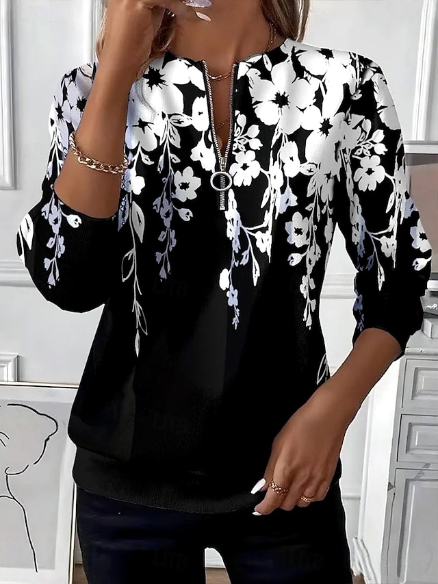 Women's Pullover Sweatshirt Zip Up Sweatshirts Patchwork Zipper Print Floral Graphic Fashion Casual Long Sleeve Crew Neck Round Neck Regular Tops Street Dailywear Black Spring Fall Winter - Black