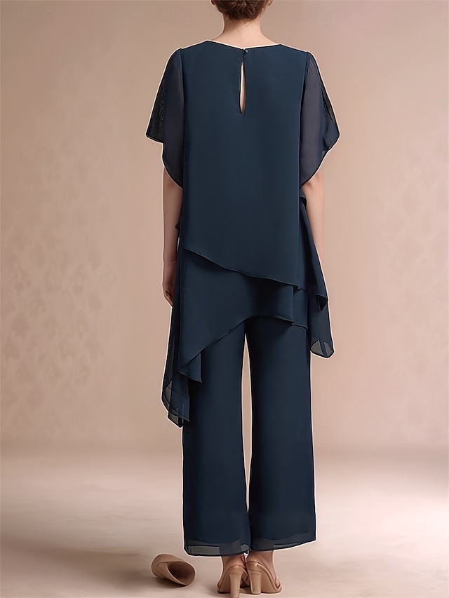 Pantsuit Asymmetrical Mother of the Bride Dress Short Sleeve Shirt Collar Elegant Formal Wedding Guest Formal Evening Chiffon with Solid Color - Navy Blue