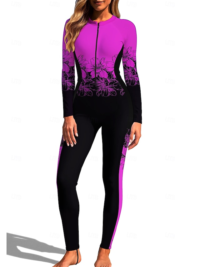 Women's Regular Rash Guard Full Body Rash Guard One Piece Surfing Suit Floral Tropical Color-blocking Zip Up with Built in Bra Front Zip UV Sun Protection Full Coverage UPF50+ Long Sleeve Full Body - Rose Red