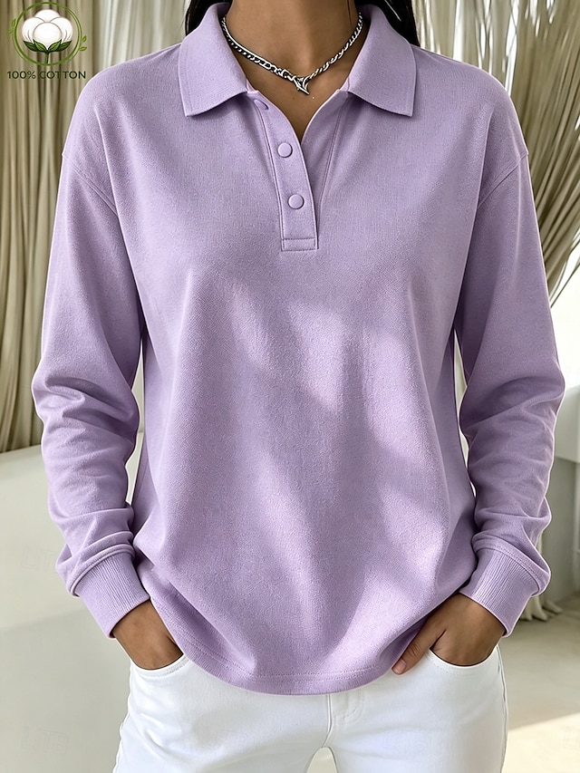Women's 100% Cotton T Shirt Chest Buttons Plain Vintage Stylish Classic Long Sleeve Shirt Collar Polo Collar Long Tops Casual Daily Blue White Black Pink Red Spring Fall Winter - Purple