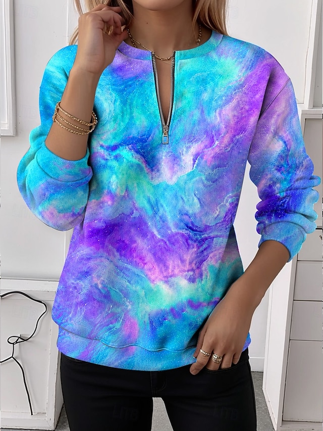 Women's Zip Up Sweatshirts Half Zip Print Graphic Striped Casual Long Sleeve High Neck Half Zip Regular Tops Casual Street Dailywear Blue Spring Fall - Blue