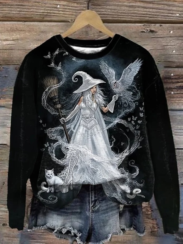 Halloween Women's Creepy Old Witch Broomstick Graphic Sweatshirt Vintage Cartoon Print Pullover Long Sleeve Crew Neck Casual Top White Fall Winter - Black
