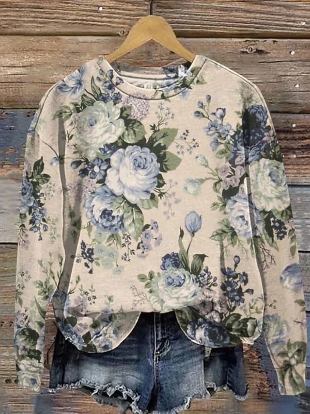Women's Pullover Sweatshirt Print Floral Graphic Warm Active Vintage Long Sleeve Round Neck Regular Tops Casual Street Dailywear Blue Yellow Pink Red Beige Spring Fall Winter - Beige