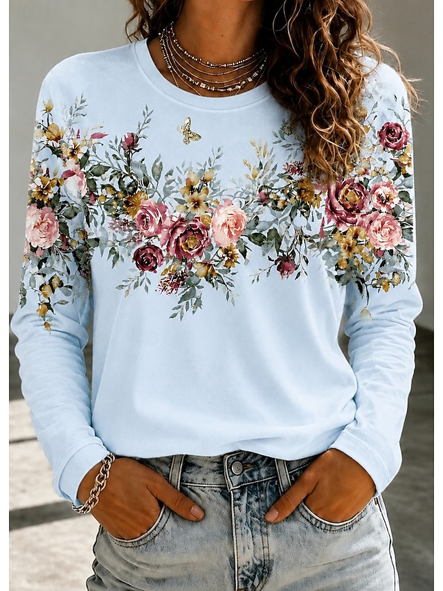 Women's T Shirt Print Floral Graphic Plants Fashion Classic Casual Long Sleeve Crew Neck Regular Tops Casual Daily Weekend Blue White Black Pink Spring Fall - Blue