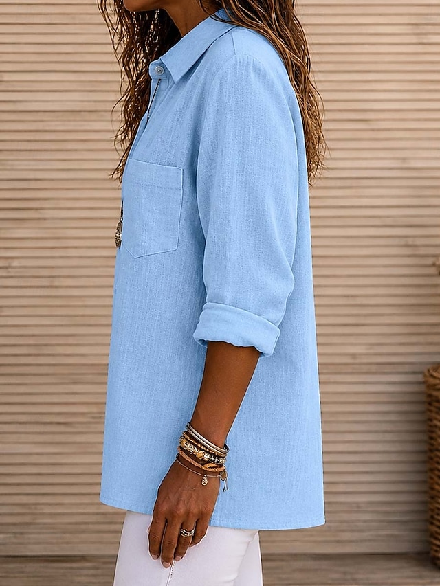 Women's Shirt 100% Cotton Button Up Blouse Pocket Buttons Solid Color Plain Elegant Vacation Fashion Long Sleeve Shirt Collar Long Tops Casual Blue Sage Green Black Pink Summer Spring Fall - Pink