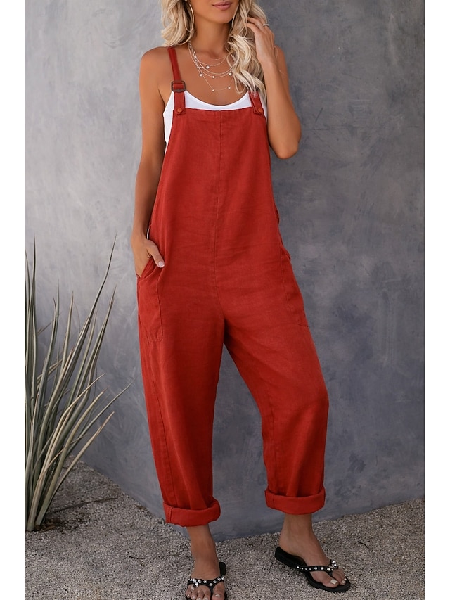 Women's Jumpsuits Casual Bib Utility Rompers Side Pockets Full Length Pants Weekend Inelastic Plain Faux Linen Comfort Mid Waist Green Black Red S M L XL XXL Summer Fall Dungarees - Red