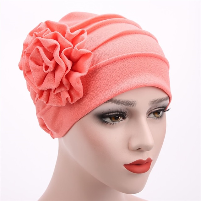 Women's Hats Spring Summer Plain Color Floral Beanie Hat Muslim Stretch Turban Hat Cap Hair Loss Headwear Hijab Cap - Watermelon Red