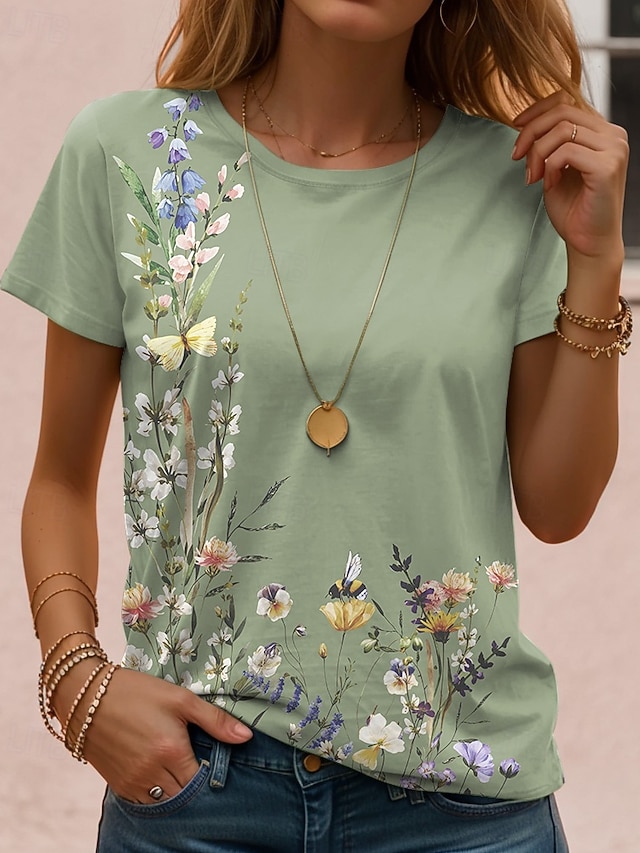 Women's T Shirt Print Floral Casual Short Sleeve Round Neck Regular Tops Daily White Yellow Pink Purple Green Summer - Green