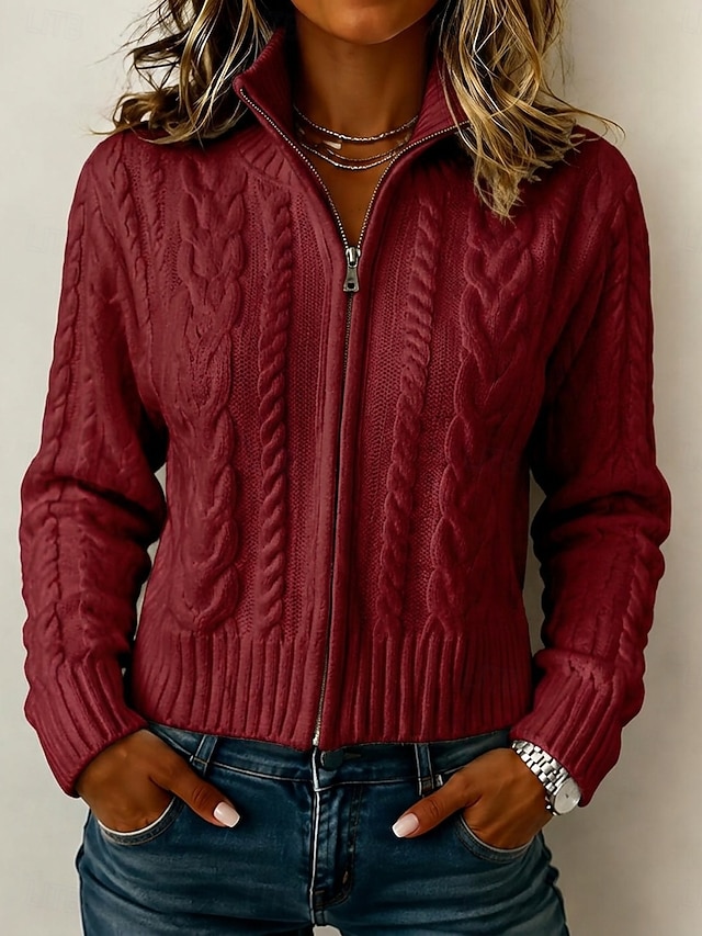 Women's Sweater Cardigan Sweater Streetwear Work Casual Solid Color Cable Stand Collar Zipper Long Sleeve Crop Tops Knit White Black Fall Winter - Red