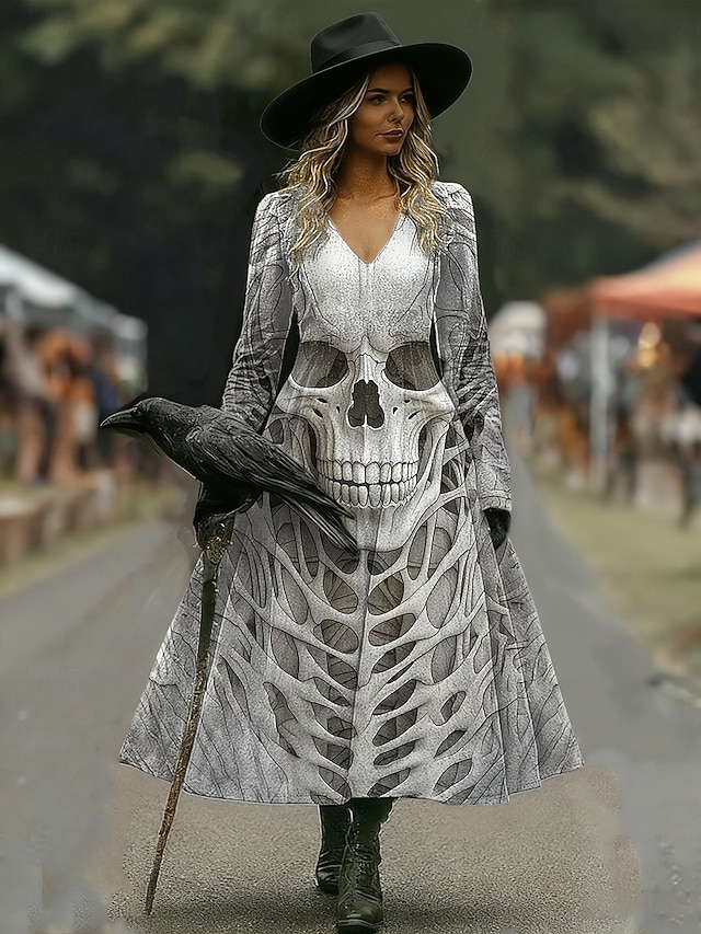 Halloween Women's Giant Skull Skeleton Print Midi Dress X Ray Rib Cage Graphic A Line V Neck Long Sleeve Gothic Costume Party Dress Gray - Gray