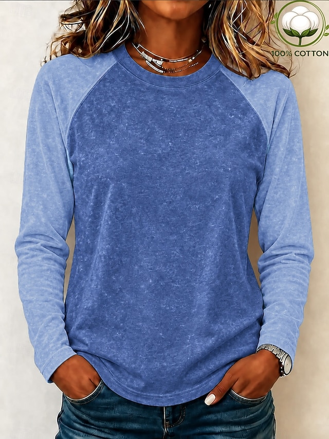 Women's Washed Cotton 100% Cotton Henley Shirt Plain Vintage Fashion Stylish Sleeveless Short Sleeve Long Sleeve Crew Neck Regular Tops Casual Beach Blue Pink Orange Spring Fall Winter - Blue