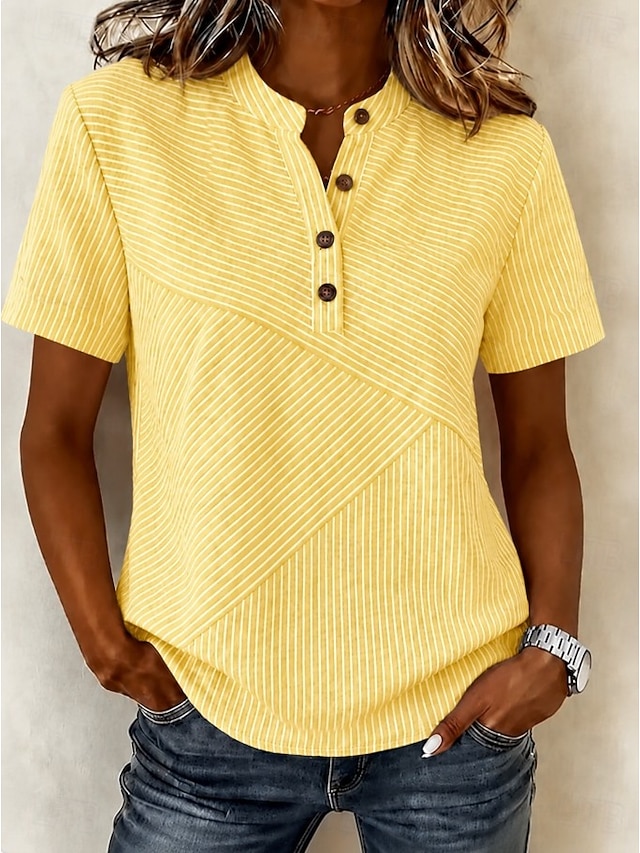 Women's Blouse Graphic Geometric Elegant Vacation Vintage Short Sleeve Henry Collar Long Tops Casual Daily Holiday Blue Yellow Pink Grey Summer Spring - Yellow