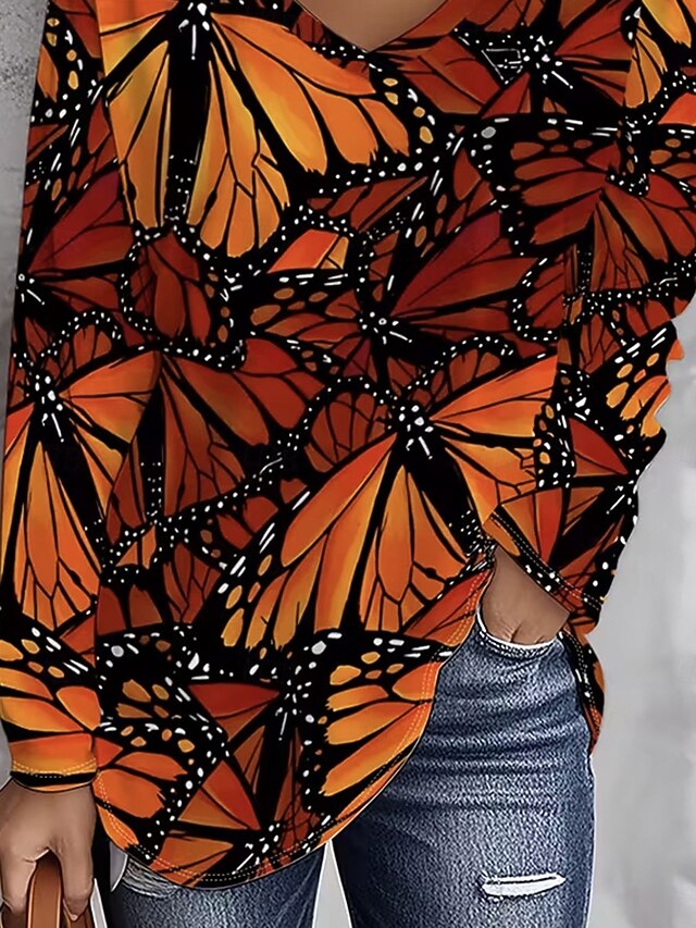Women's T Shirt Print Graphic Butterfly Vintage Stylish Casual Long Sleeve V Neck Regular Tops Daily Blue Purple Orange Green Spring Fall - Orange