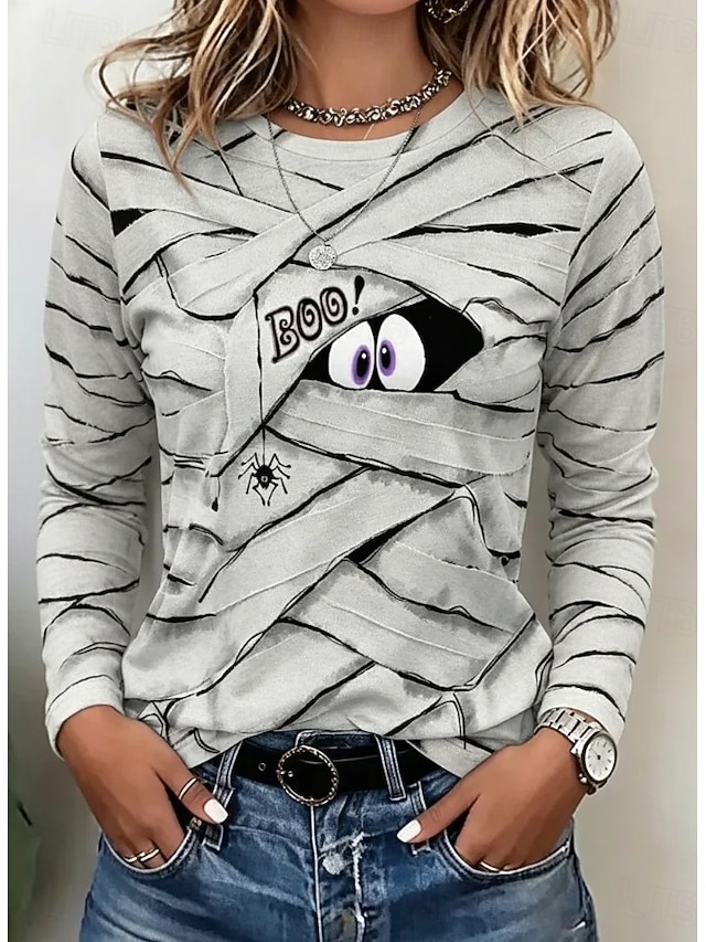 Halloween Women's Cute Mummy Boo Graphic T Shirt Cartoon Bandage Spider Print Long Sleeve Crew Neck Casual Top White Black - Ash