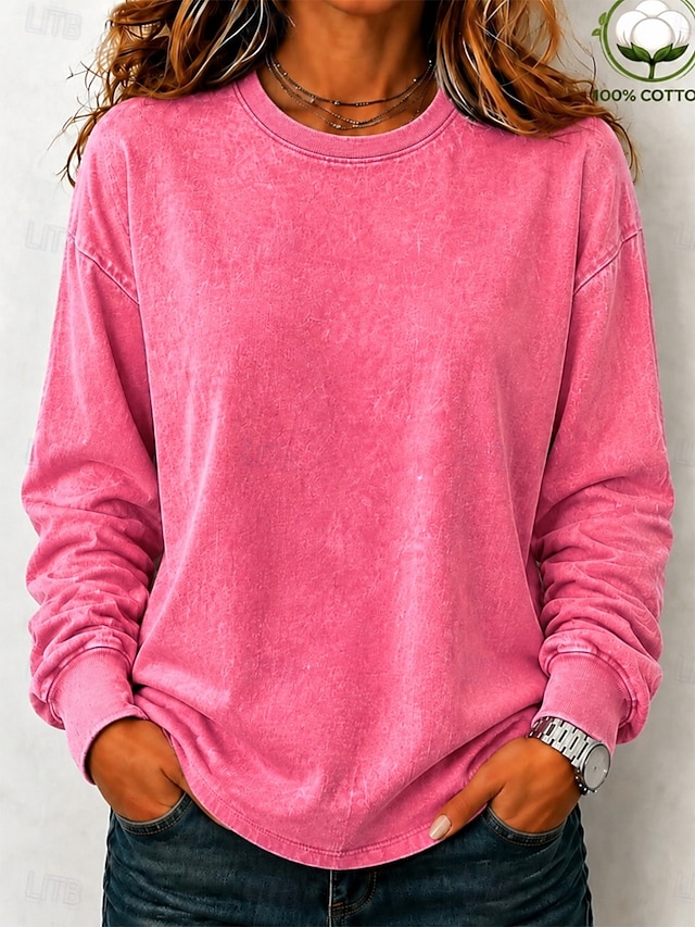 Women's Washed Cotton 100% Cotton Pullover Sweatshirts Punk Active Vintage Long Sleeve Crew Neck Regular Tops Casual Home Street Black Light Brown Green Rose Red Grey Fall Winter - Rose Red