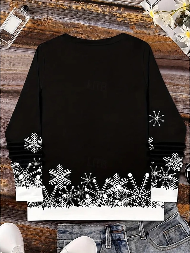 Christmas Women's T Shirt Graphic Vintage Stylish Classic Long Sleeve V Neck Regular Tops Daily Print Gray / Red Black+White+Red Black Wine Red Spring Fall Winter - Black