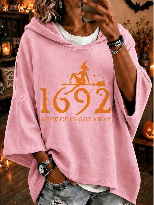 Halloween Women's Pullover Hoodie Sweatshirt Print Graphic Casual 3/4 Length Sleeve Hooded Long Tops Casual Street Dailywear Blue Black Pink Orange Grey Fall Winter - Pink