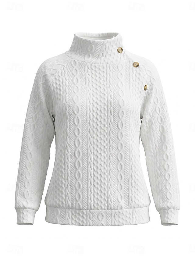 Women's Textured Pullover Sweatshirt Patchwork Buttons Casual Long Sleeve High Neck Regular Tops Home White Black Pink Violet Fall Winter - White