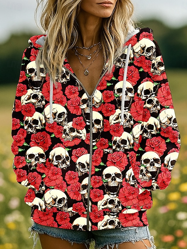 Halloween Women's Giant Skull Skeleton Ribcage Graphic Zip Up Hoodie 3D Anatomy Print Long Sleeve Drawstring Hood Pocket White Gray - Red