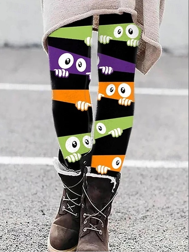 Halloween Women's Cute Mummy Boo Graphic Leggings High Waist Ankle Length Asymmetric Bandage Spider Print Stretchy Pants Black White - Black Green