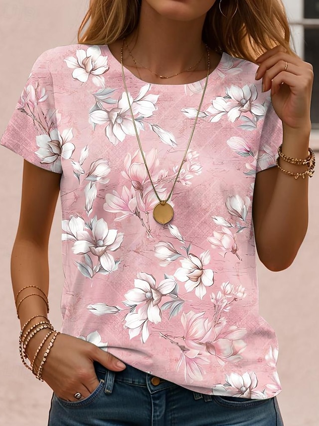 Women's T Shirt Print Floral Casual Short Sleeve Round Neck Regular Tops Daily White Yellow Pink Purple Green Summer - Pink