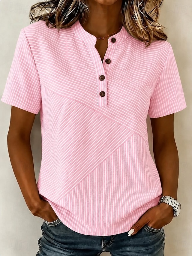 Women's Blouse Graphic Geometric Elegant Vacation Vintage Short Sleeve Henry Collar Long Tops Casual Daily Holiday Blue Yellow Pink Grey Summer Spring - Pink