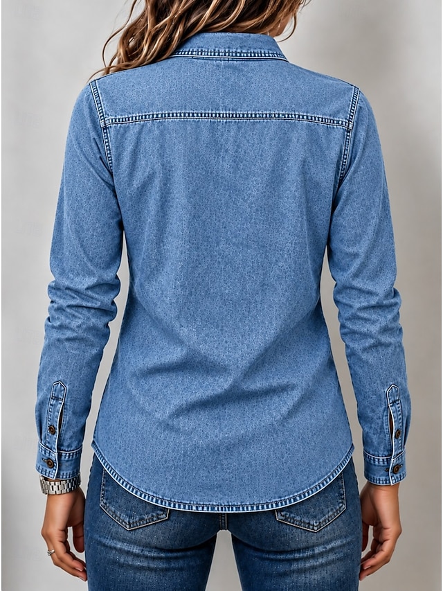 Women's Denim Blouse Denim Shirt Henley Shirt Solid Color Vintage Fashion Stylish Long Sleeve Regular Tops Casual Daily Streetwear Blue Khaki Red Spring Fall Winter - Blue