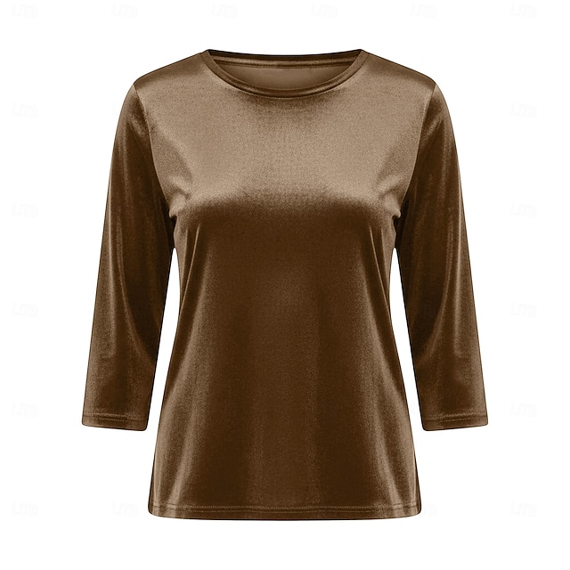 Women's T Shirt Velvet Tee Plain Daily Basic Vintage 3/4 Length Sleeve Crew Neck Regular Tops Casual Party Outfits Blue Watermelon Red Red Purple Green Spring Fall - khaki