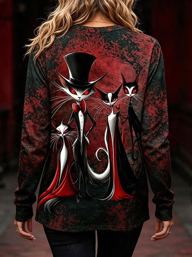 Halloween Women's Vampire Cat Family T Shirt Red Eyes Top Hat Gothic Cartoon Graphic Long Sleeve Crew Neck Casual Top Black Red - Red