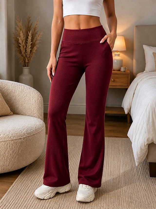Women's Slacks Straight Streetwear Casual Full Length Natural Plain Pocket Elastic Waist Soft Street Holiday Weekend claret Depression Green Grey Black Fall Regular Fit - claret
