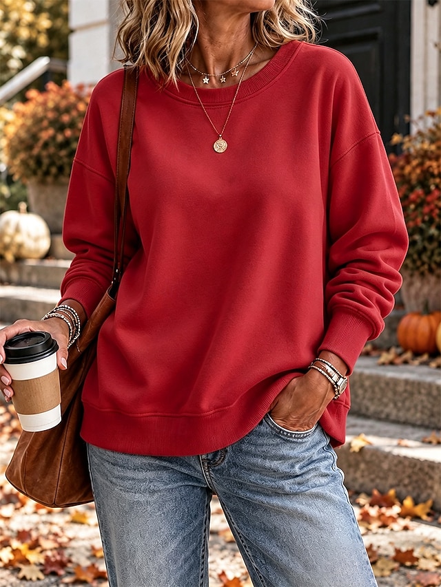 Women's Fleece Pullover Sweatshirt Pullover Cotton Elegant Ethnic Romantic Long Sleeve Crew Neck Round Neck Regular Tops Casual Holiday Blue White Black Yellow Red Spring Fall Winter - Red