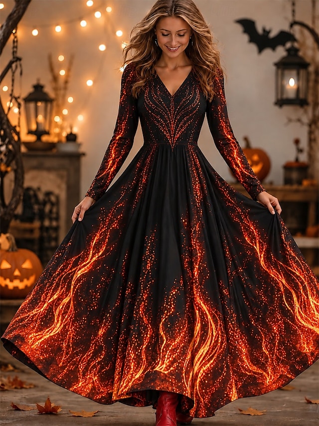 Halloween Women's Maxi Dress A Line Dress Elegant Vintage Designer Party Ombre Graphic Long Sleeve V Neck Black Yellow Red Fall Winter - Yellow