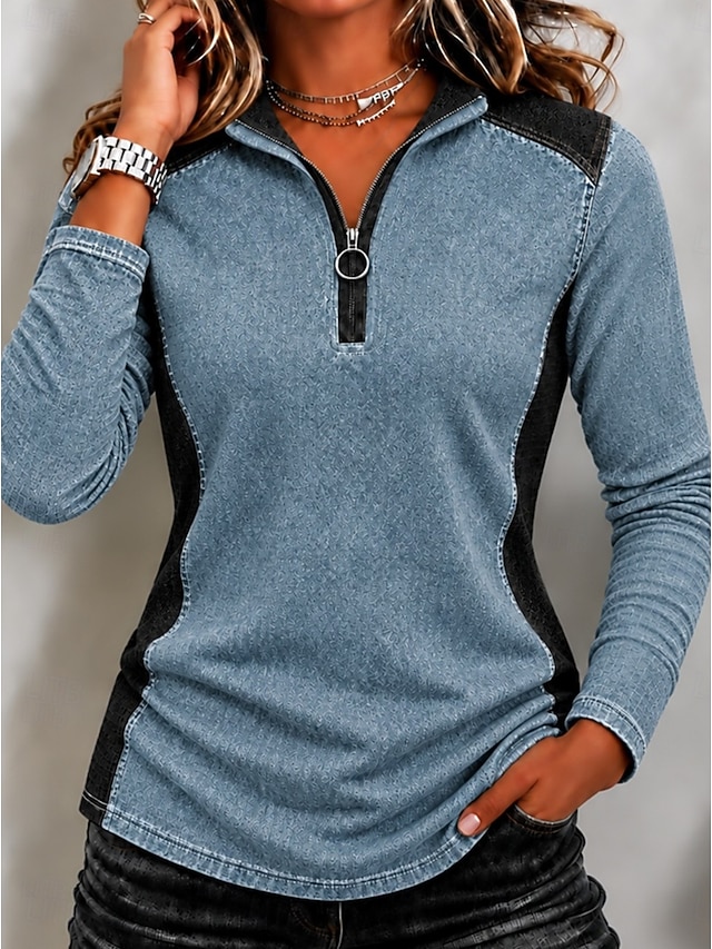 Women's Denim Shirt Hoodies Patchwork Zipper Color Block Plain Vintage Stylish Casual Long Sleeve Long Tops Casual Work Holiday Blue Khaki Green Summer Fall Winter - Blue