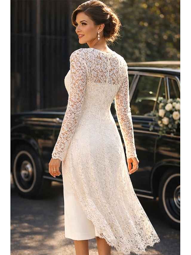 Two Piece Sheath Column Tea Length Wedding Guest Dress Mother of the Bride Dress Sleeveless Square Neck Elegant Wedding Guest Wedding Party Church Chiffon Lace Jacket Dresses with Lace Solid Color - Ivory