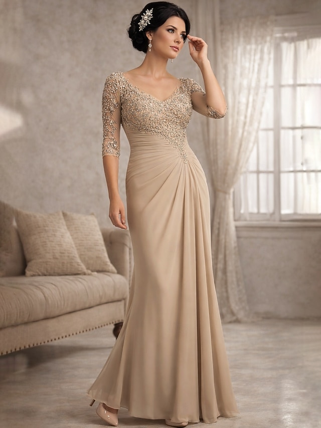 Sheath Column Floor Length Wedding Guest Dress Formal Dresses Evening Gown Mother of the Bride Dress Half Sleeve V Neck Plus Size Sexy See Through Wedding Guest Chiffon Lace with Lace - Champagne