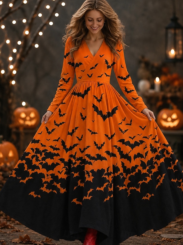 Halloween Women's Maxi Dress Pleated Dress Boho Party Date Going out Regular Fit Skull Long Sleeve V Neck Black Fall Winter Autumn - Orange