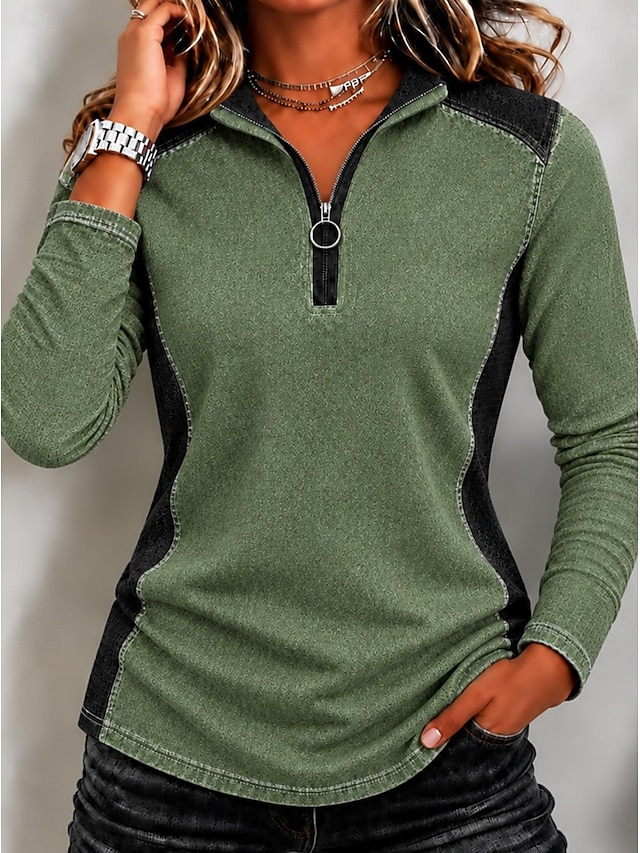 Women's Denim Shirt Hoodies Patchwork Zipper Color Block Plain Vintage Stylish Casual Long Sleeve Long Tops Casual Work Holiday Blue Khaki Green Summer Fall Winter - Green